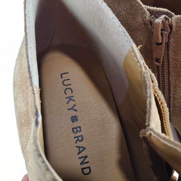 Lucky Brand Landrue Suede Leather Ankle Boots Brown Womens Size 8.5 Block Heels - Picture 9 of 11